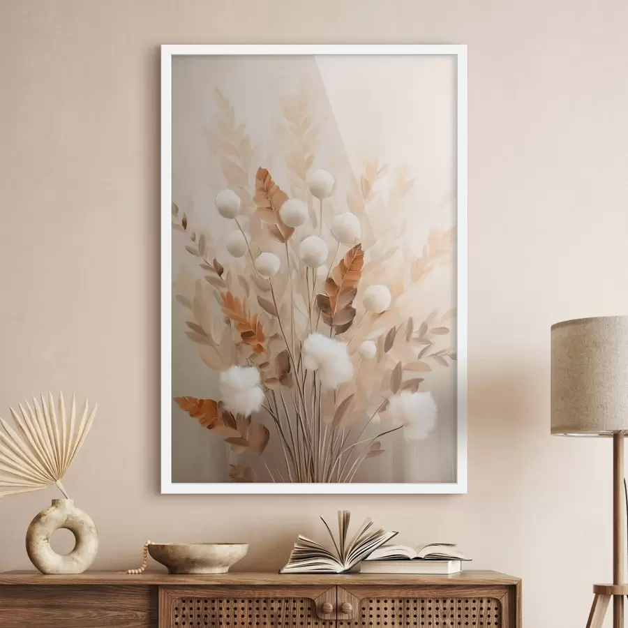 fototapet Un buchet de flori albe, pufoase, și frunze uscate de portocal, în culori delicate și discrete f50951