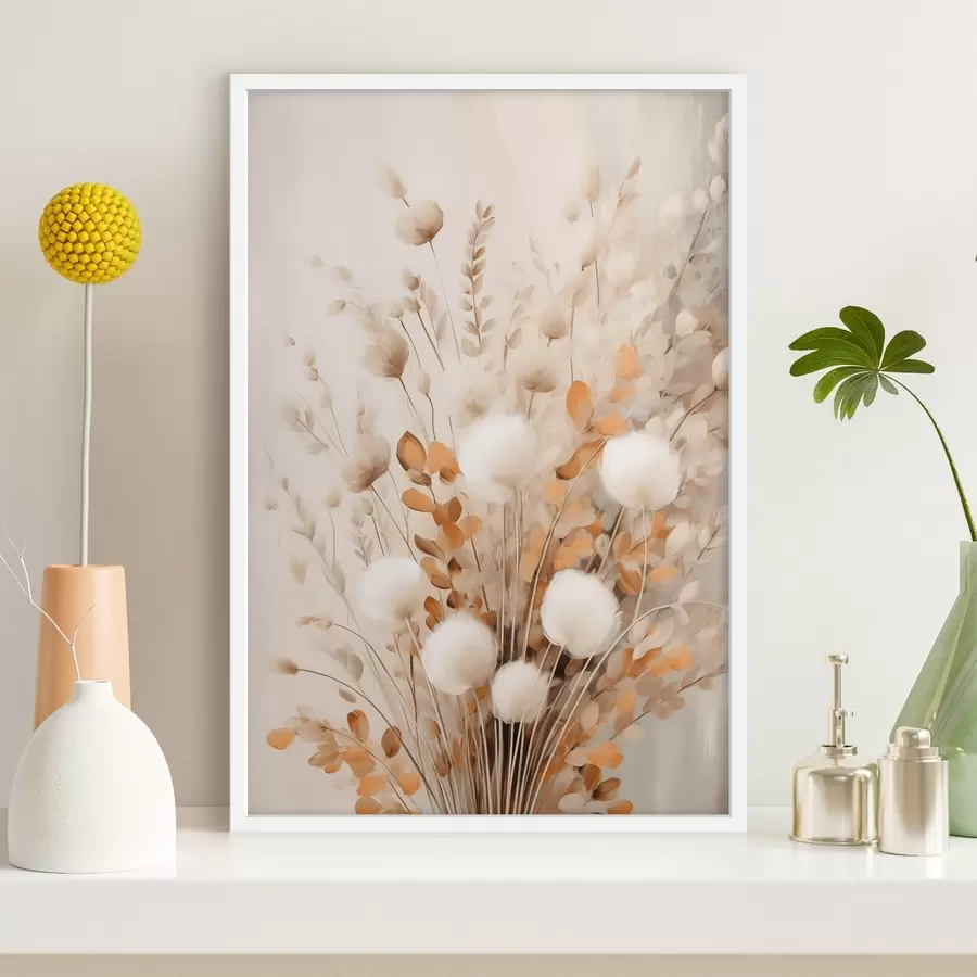 fototapet Un buchet de flori albe, pufoase, și frunze uscate de portocal, în culori delicate și discrete f50952