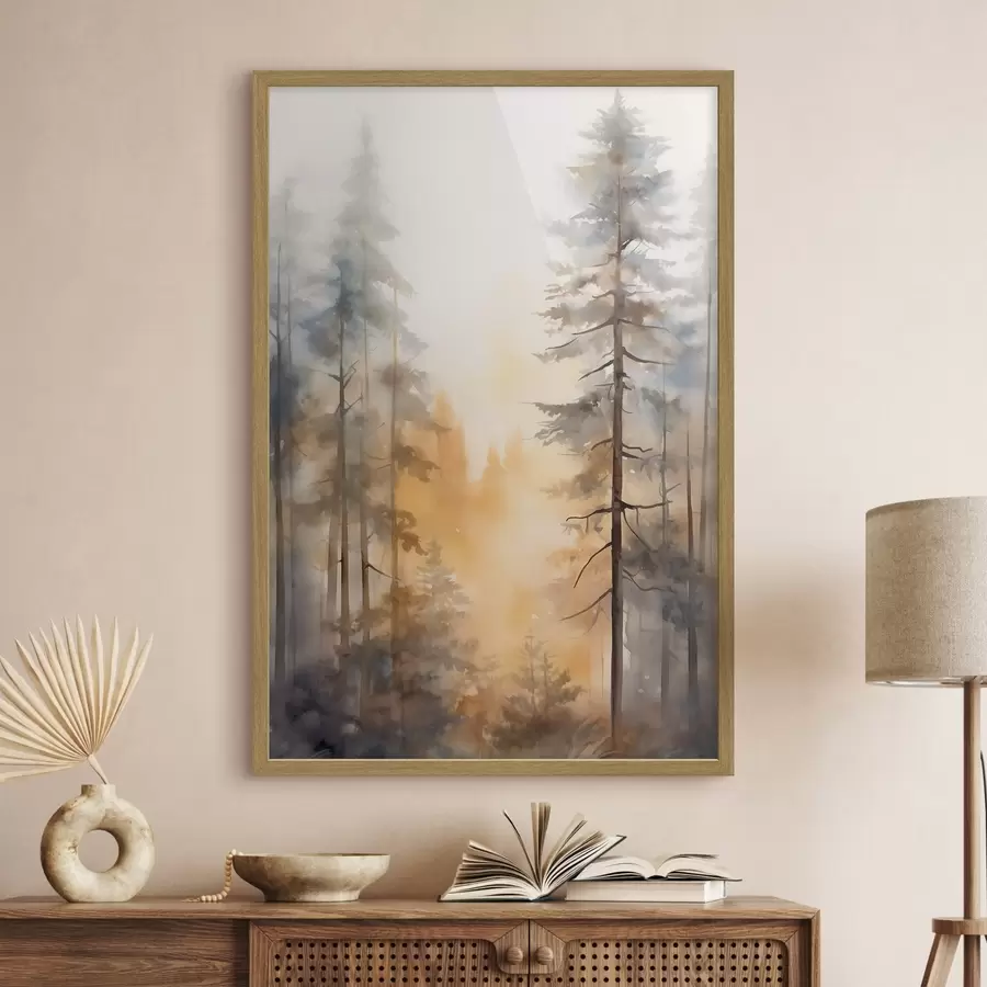 fototapet Pini înalți, peisaj forestier scăldat într-o lumină caldă, portocalie f50959