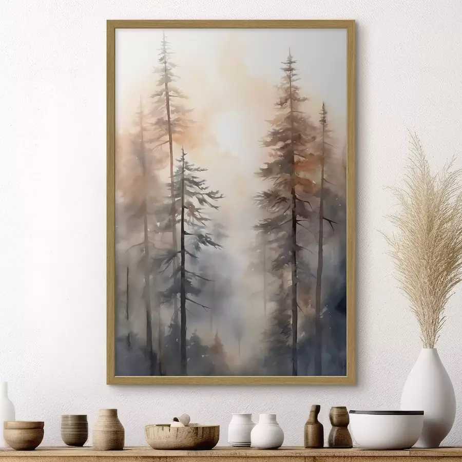 fototapet Pini înalți, peisaj forestier scăldat într-o lumină caldă, portocalie f50960