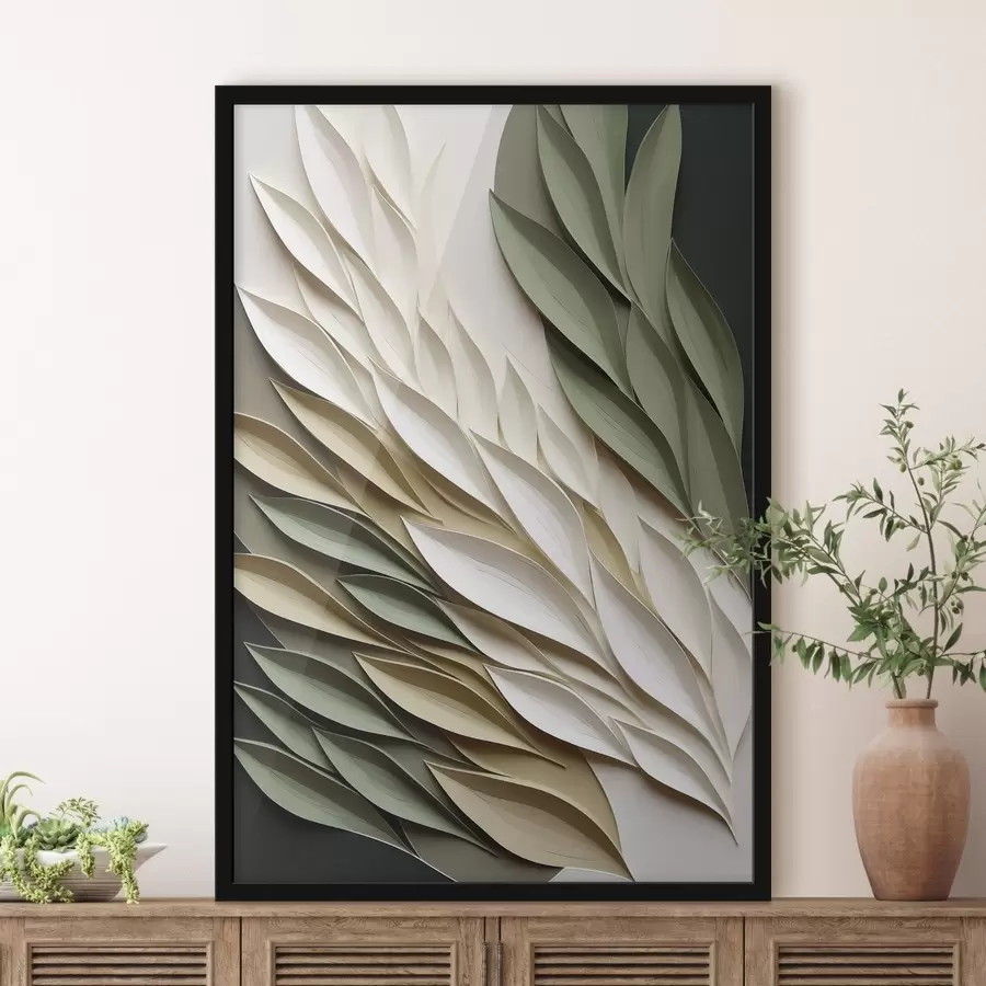 fototapet Frunze abstracte pe fundal verde, cu texturi stratificate și umbre f50976
