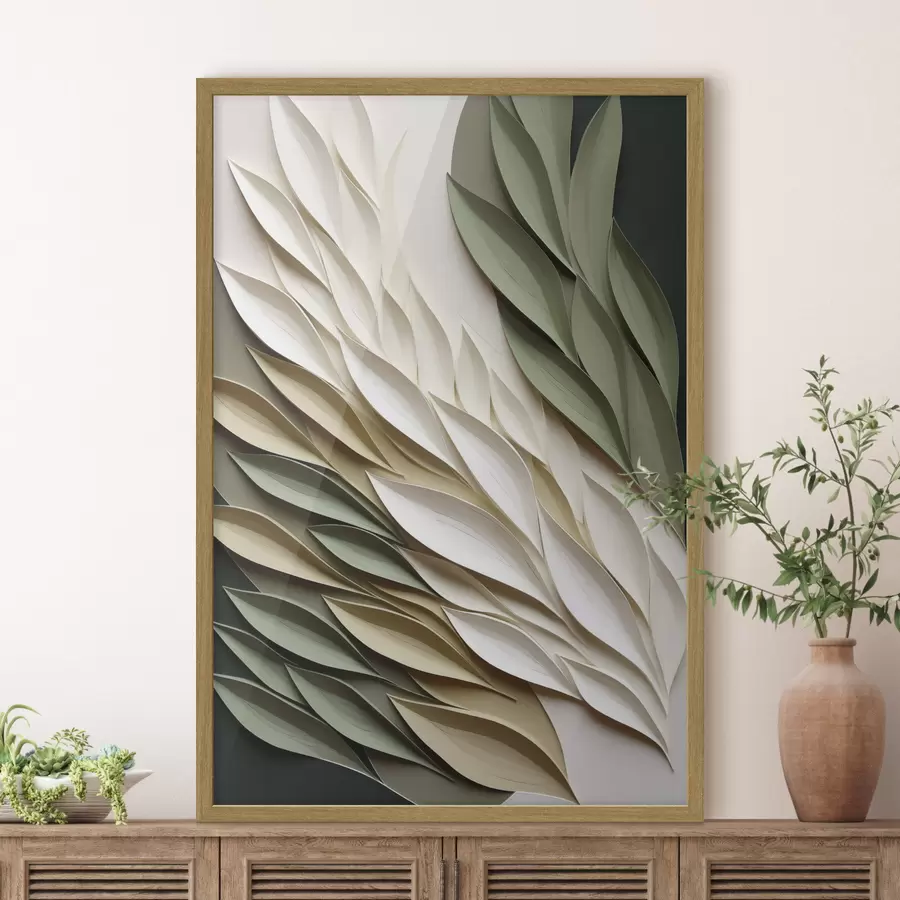 fototapet Frunze abstracte pe fundal verde, cu texturi stratificate și umbre f50976