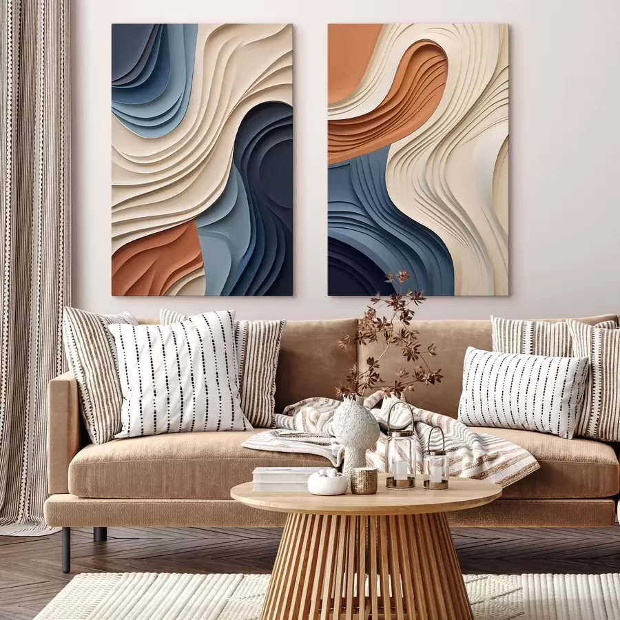 Tablouri Straturi abstracte, ondulate, în nuanțe de crem, albastru și portocaliu, artă modernă cu textură m31041
