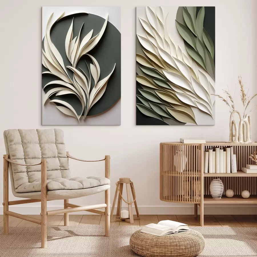 Tablouri Frunze abstracte pe fundal verde, cu texturi stratificate și umbre m31054
