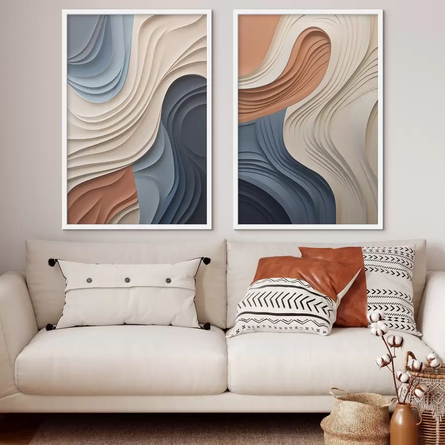 fototapet Straturi abstracte, ondulate, în nuanțe de crem, albastru și portocaliu, artă modernă cu textură d31041