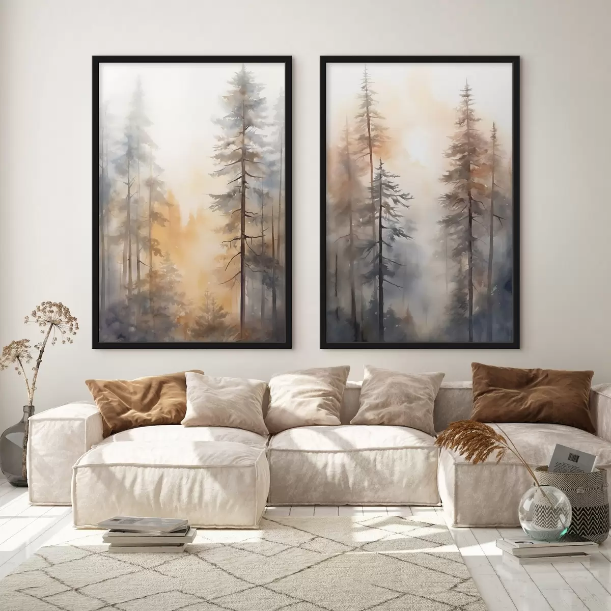 Poster Pini înalți, peisaj forestier scăldat într-o lumină caldă, portocalie d31046
