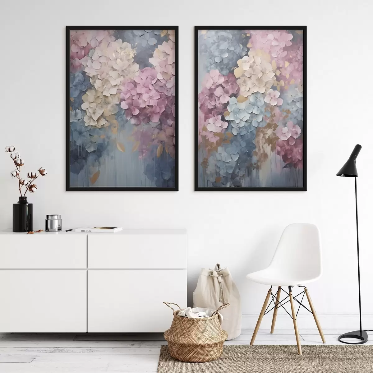 Poster Hortensii în nuanțe de roz, crem și albastru, cu petale texturate, artă abstractă d31050