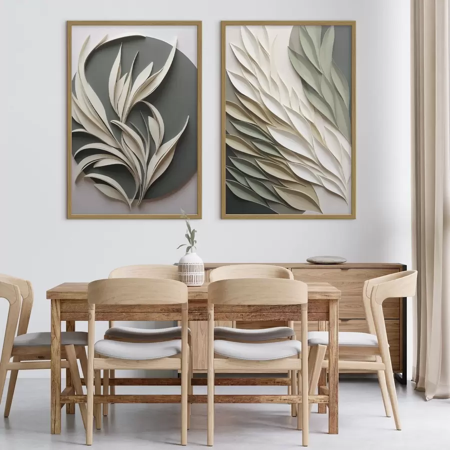 fototapet Frunze abstracte pe fundal verde, cu texturi stratificate și umbre d31054