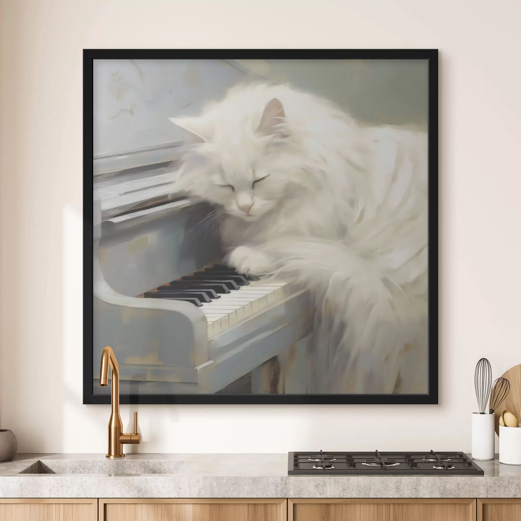 fototapet Pisică dormind pe clapele pianului, reproducere a unui tablou f50990
