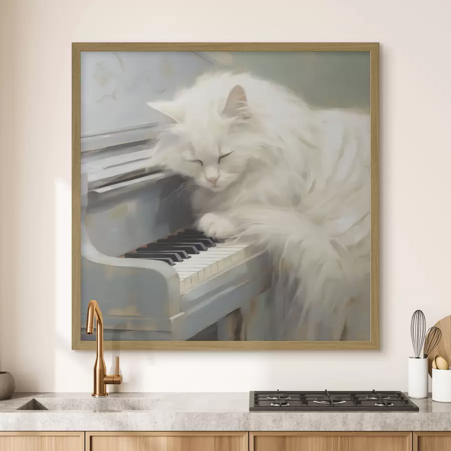 fototapet Pisică dormind pe clapele pianului, reproducere a unui tablou f50990