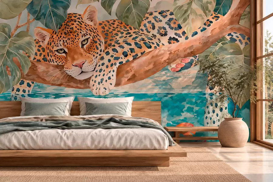 fototapet Leopard deasupra apei albastre w05954
