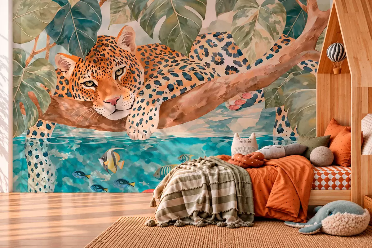 fototapet Un leopard pe o creangă deasupra apei, alături de pești colorați w05954