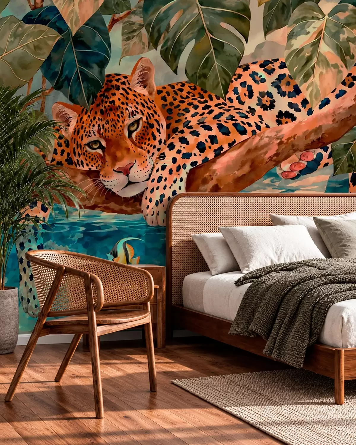 fototapet Un leopard printre frunze tropicale, deasupra apei, alături de pești w05954v1