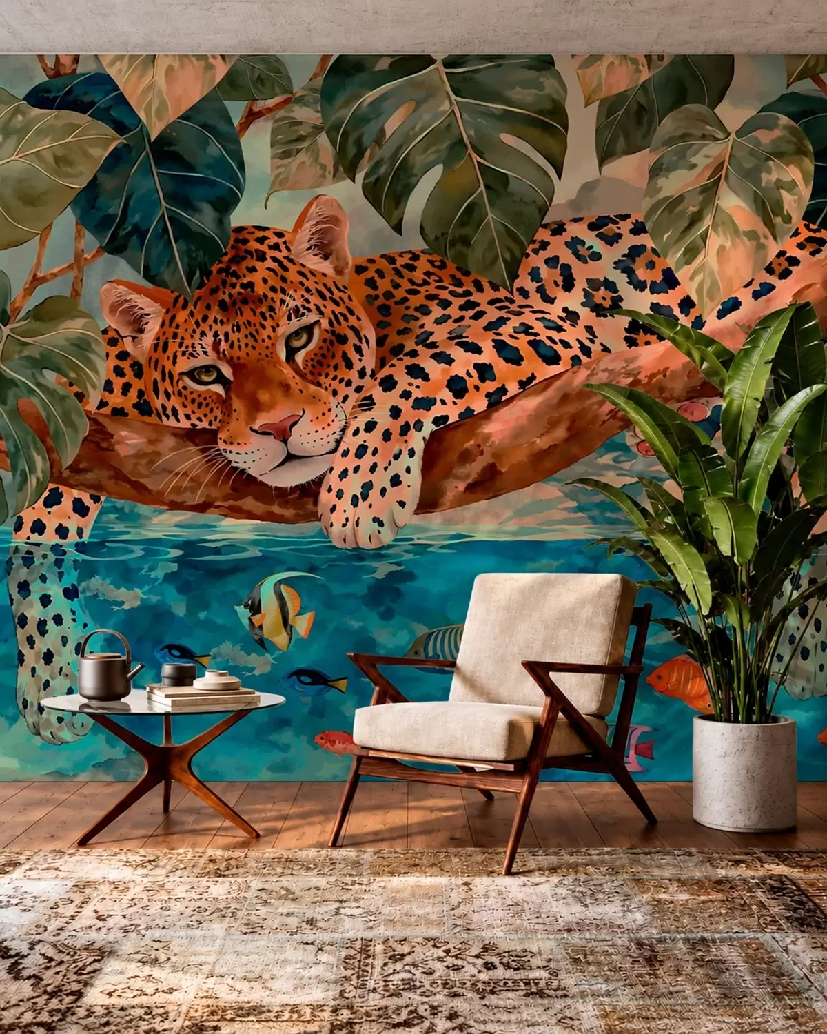 fototapet Un leopard printre frunze tropicale, deasupra apei, alături de pești w05954v1