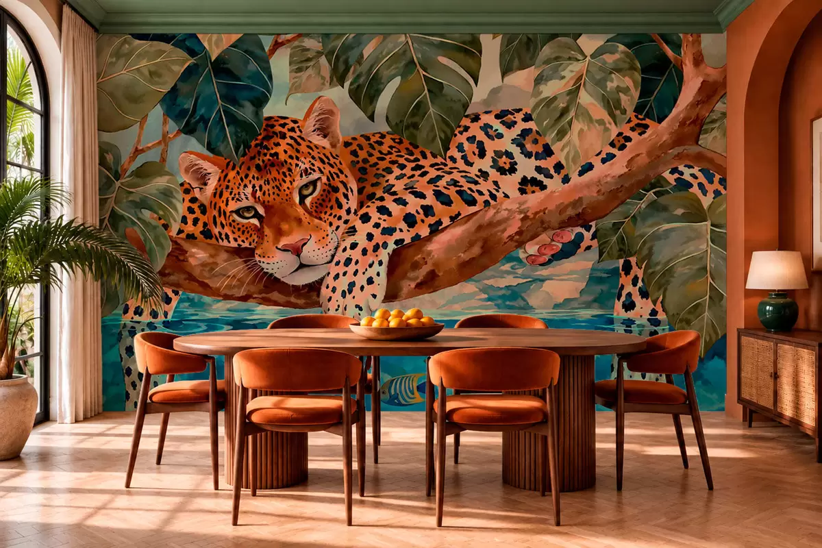 fototapet Un leopard printre frunze tropicale, deasupra apei, alături de pești w05954v1