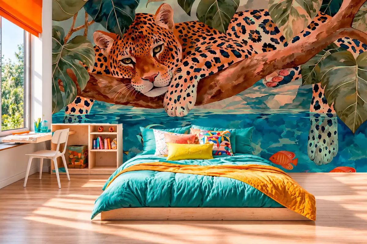 fototapet Un leopard printre frunze tropicale, deasupra apei, alături de pești w05954v1
