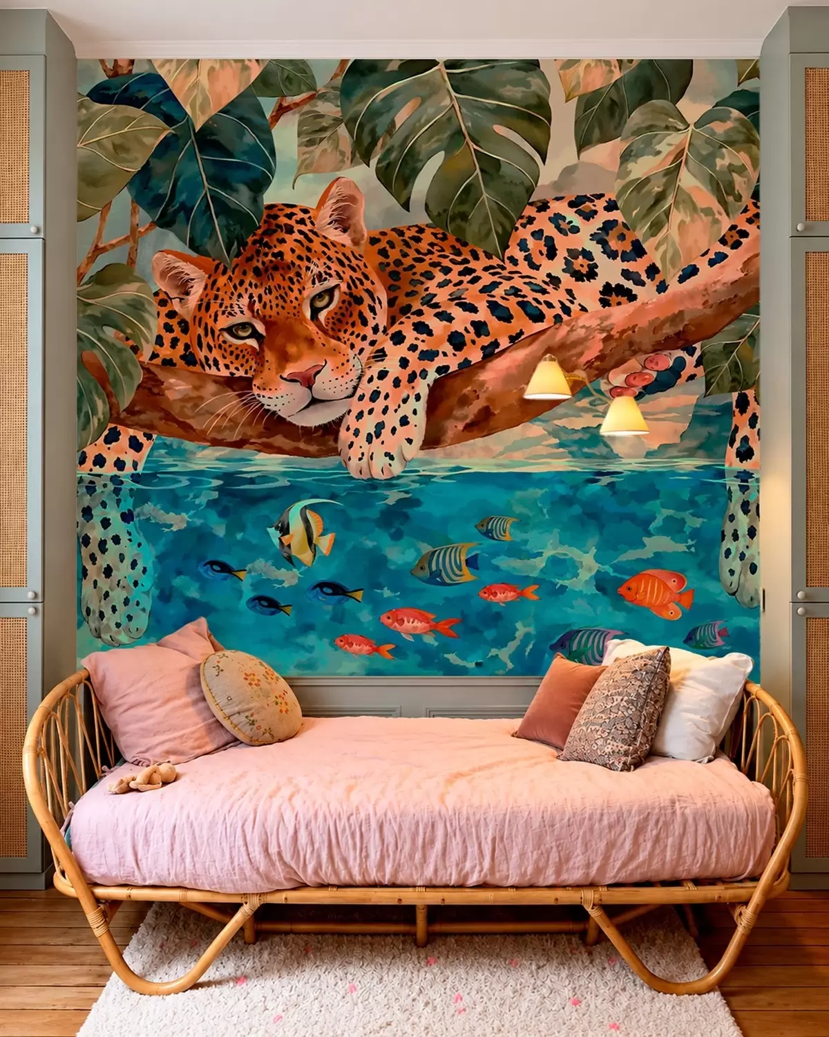 fototapet Un leopard printre frunze tropicale, deasupra apei, alături de pești w05954v1