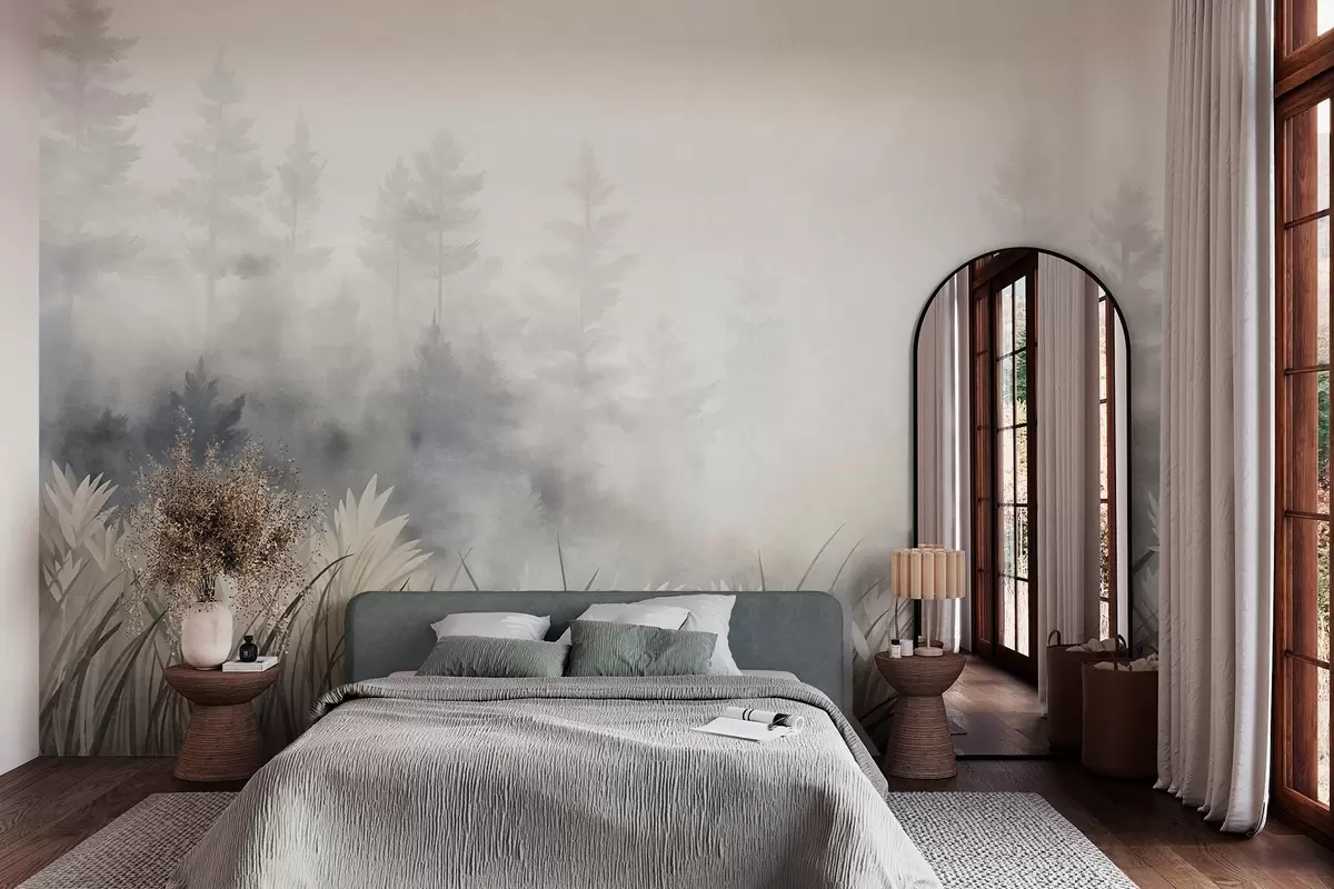 fototapet Peisaj cu iarbă sălbatică înaltă și pădure de pini, în stil minimalist cu texturi w10082