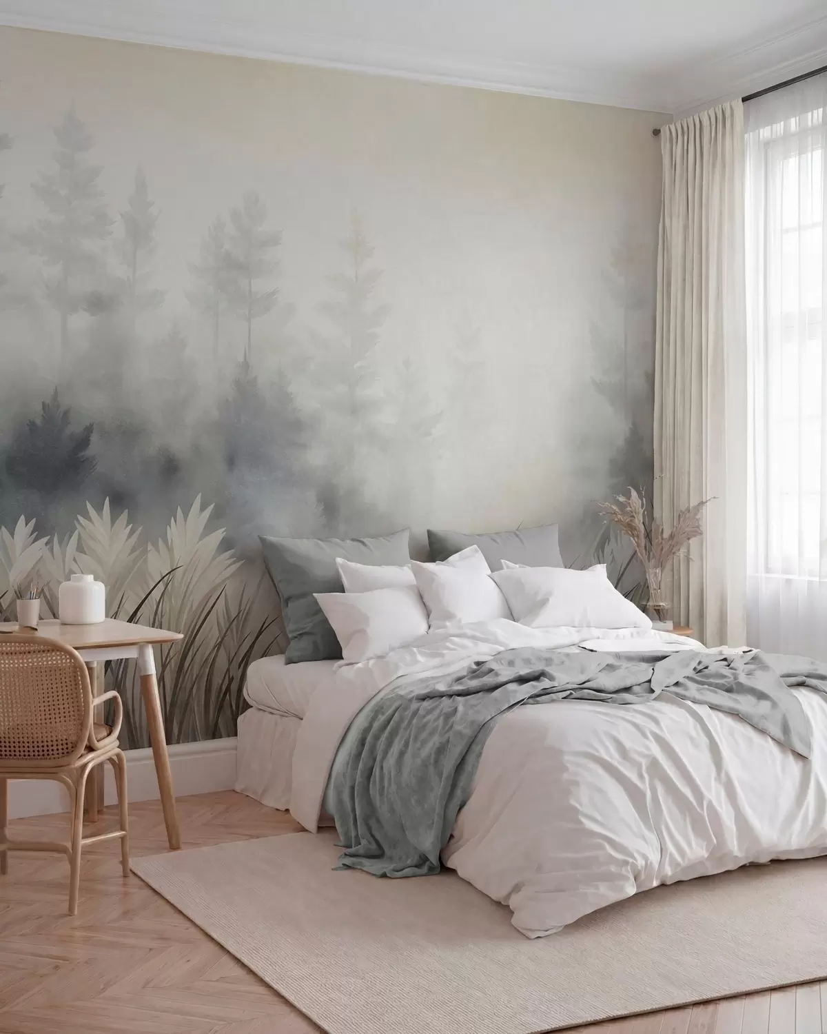 fototapet Peisaj cu iarbă sălbatică înaltă și pădure de pini, în stil minimalist cu texturi w10082
