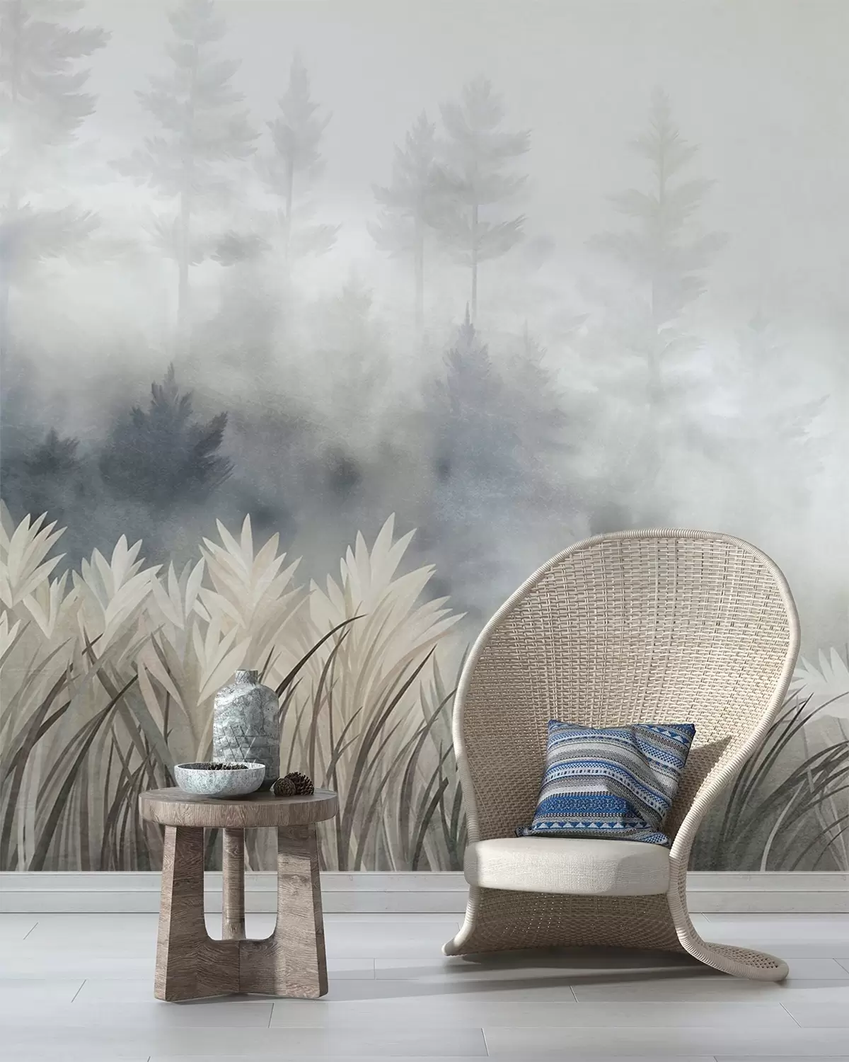 fototapet Peisaj cu iarbă sălbatică înaltă și pădure de pini, în stil minimalist cu texturi w10082