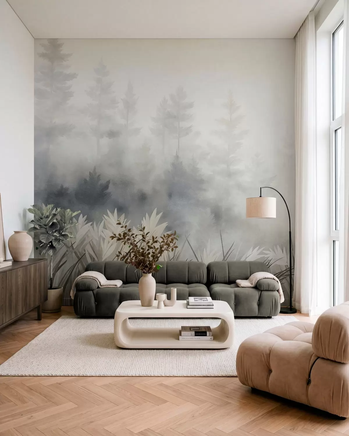 fototapet Peisaj cu iarbă sălbatică înaltă și pădure de pini, în stil minimalist cu texturi w10082