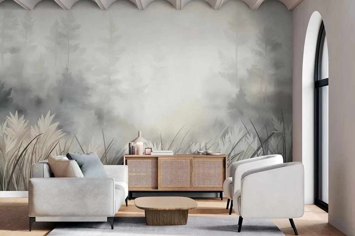 fototapet Peisaj cu iarbă sălbatică înaltă și pădure de pini, în stil minimalist cu texturi w10082