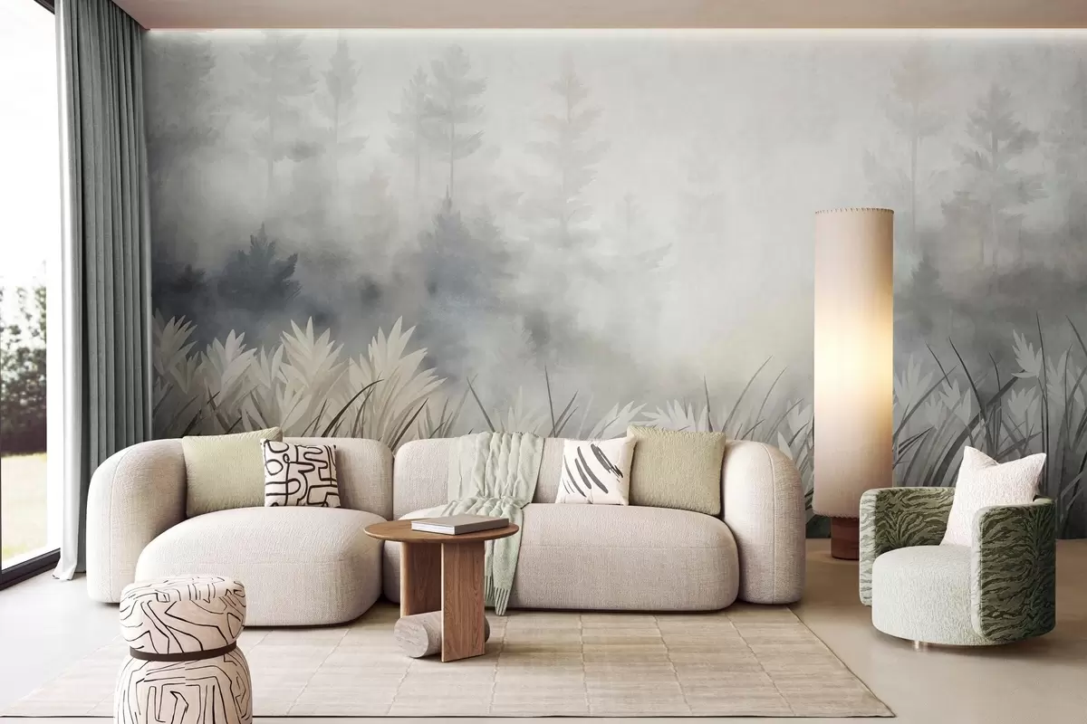 fototapet Peisaj cu iarbă sălbatică înaltă și pădure de pini, în stil minimalist cu texturi w10082