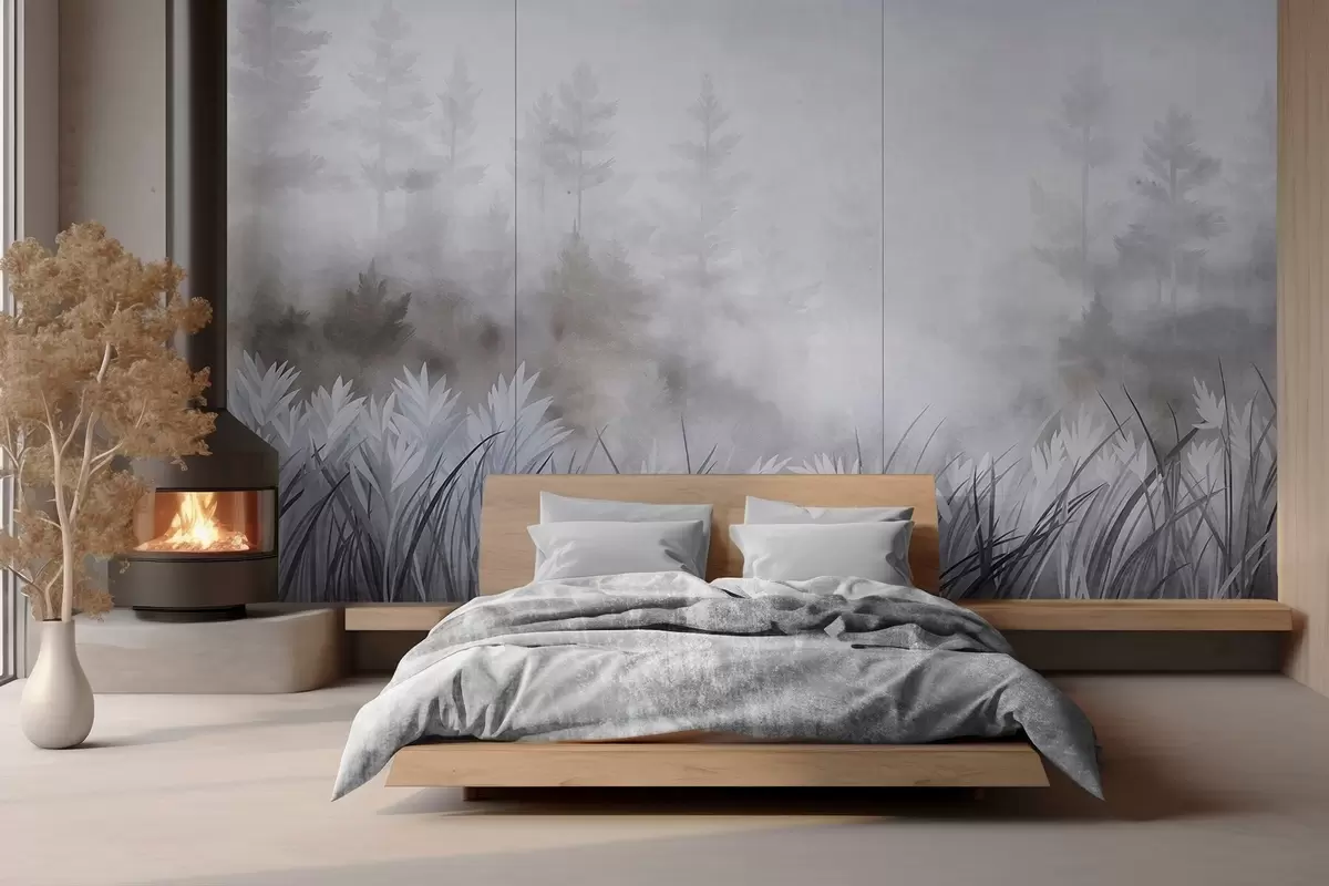 fototapet Peisaj cu iarbă sălbatică înaltă și pădure de pini, în stil minimalist cu texturi w10082v1