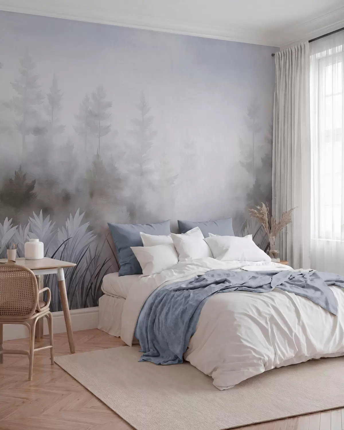 fototapet Peisaj cu iarbă sălbatică înaltă și pădure de pini, în stil minimalist cu texturi w10082v1
