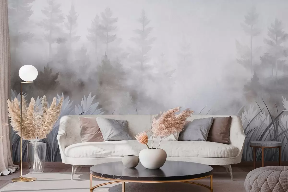 fototapet Peisaj cu iarbă sălbatică înaltă și pădure de pini, în stil minimalist cu texturi w10082v1
