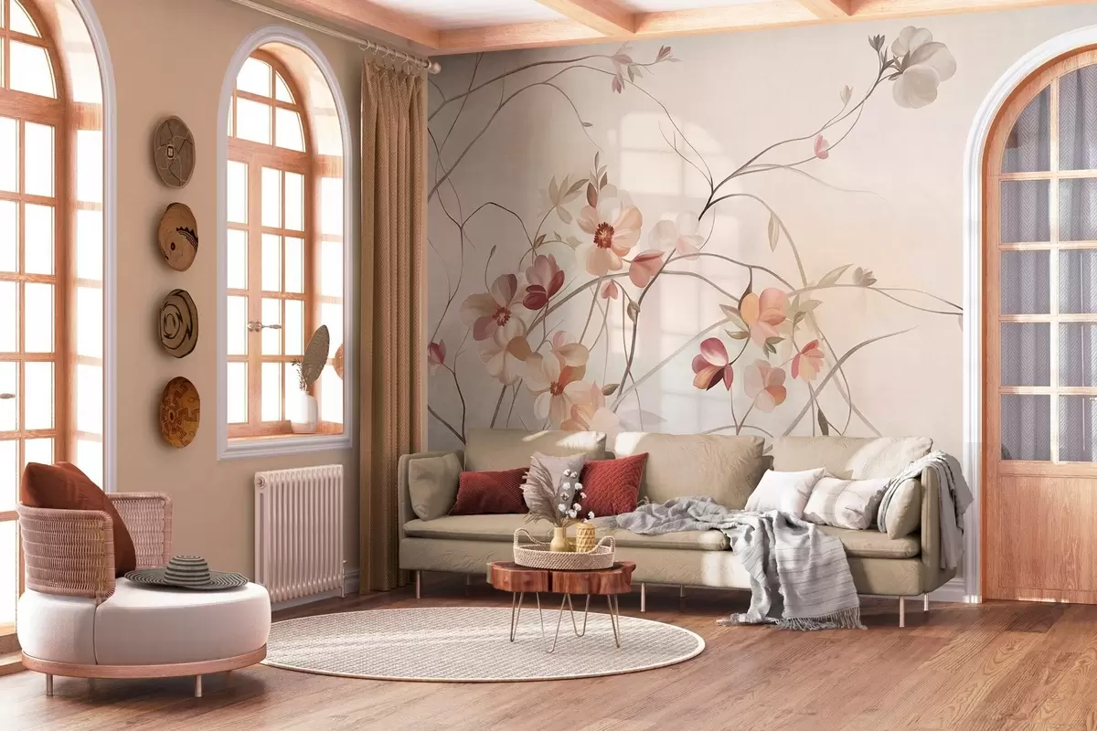 fototapet Viță de vie încolăcită, cu flori delicate de culoarea piersicii și a cremei w10083