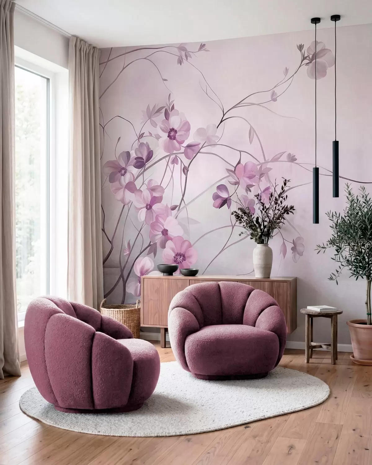 fototapet Viță de vie încolăcită, cu flori delicate, de un roz pal w10083v1