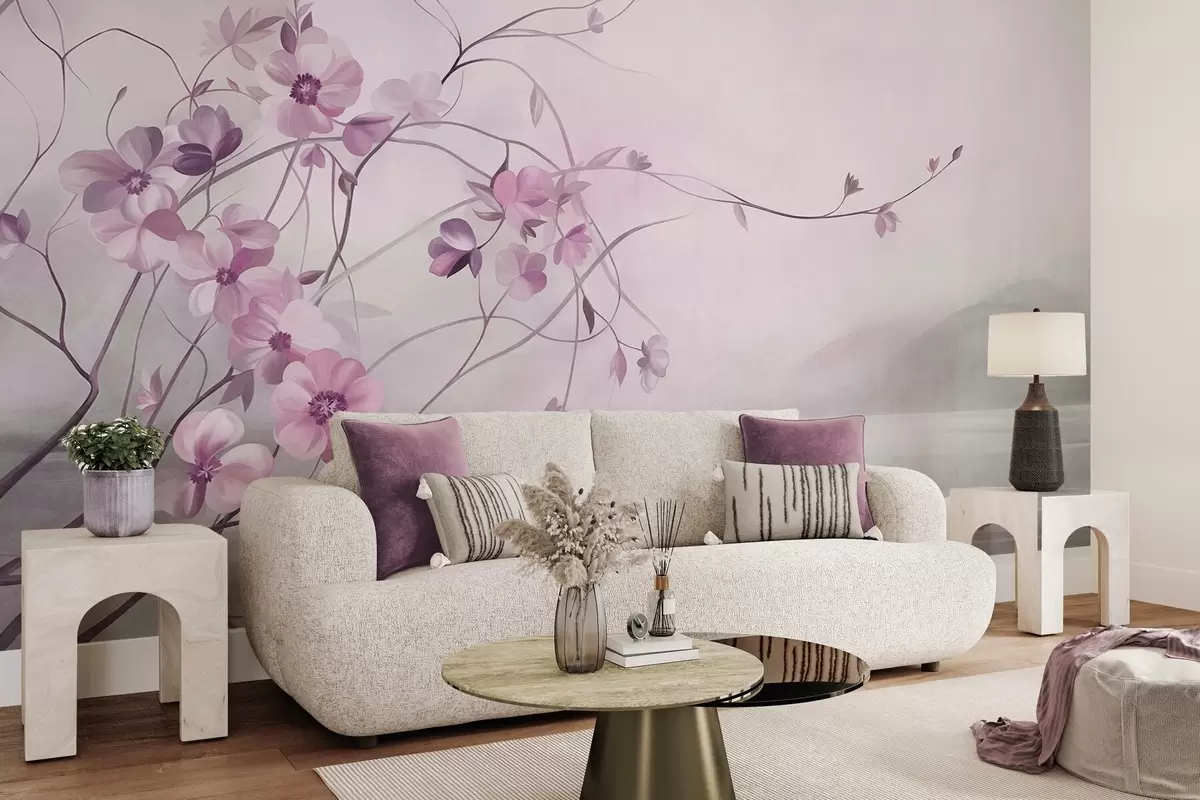fototapet Viță de vie încolăcită, cu flori delicate, de un roz pal w10083v1
