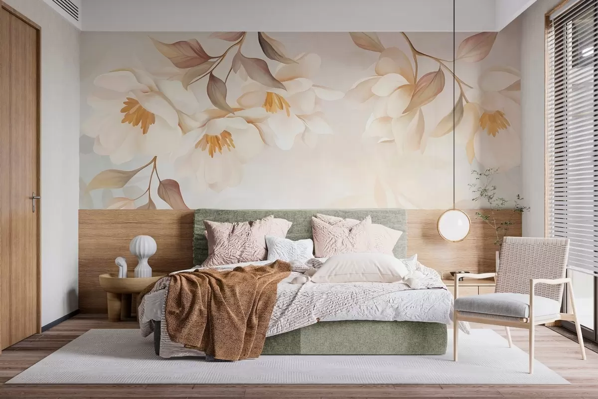 fototapet Flori de magnolie cu frunze delicate de culoare maro care atârnă de ramuri w10086