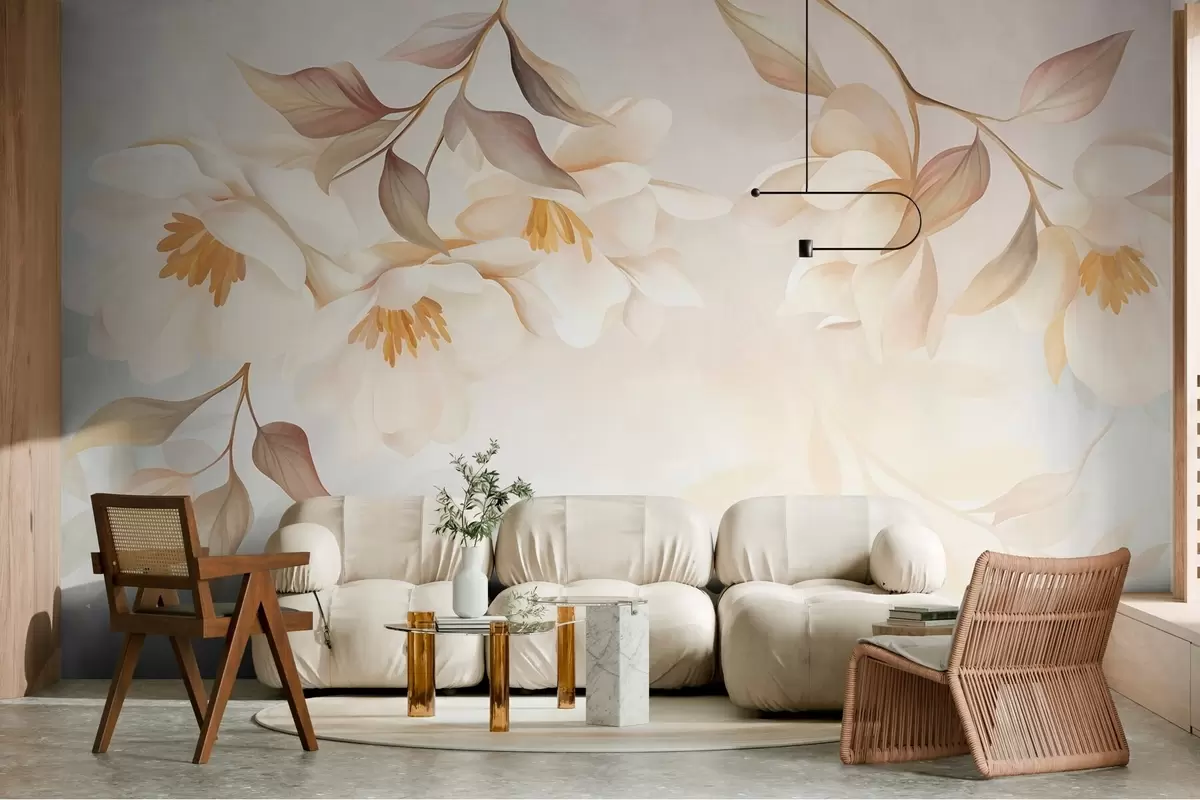 fototapet Flori de magnolie cu frunze delicate de culoare maro care atârnă de ramuri w10086