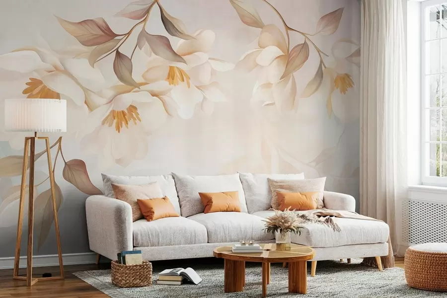 fototapet Flori de magnolie cu frunze delicate de culoare maro care atârnă de ramuri w10086
