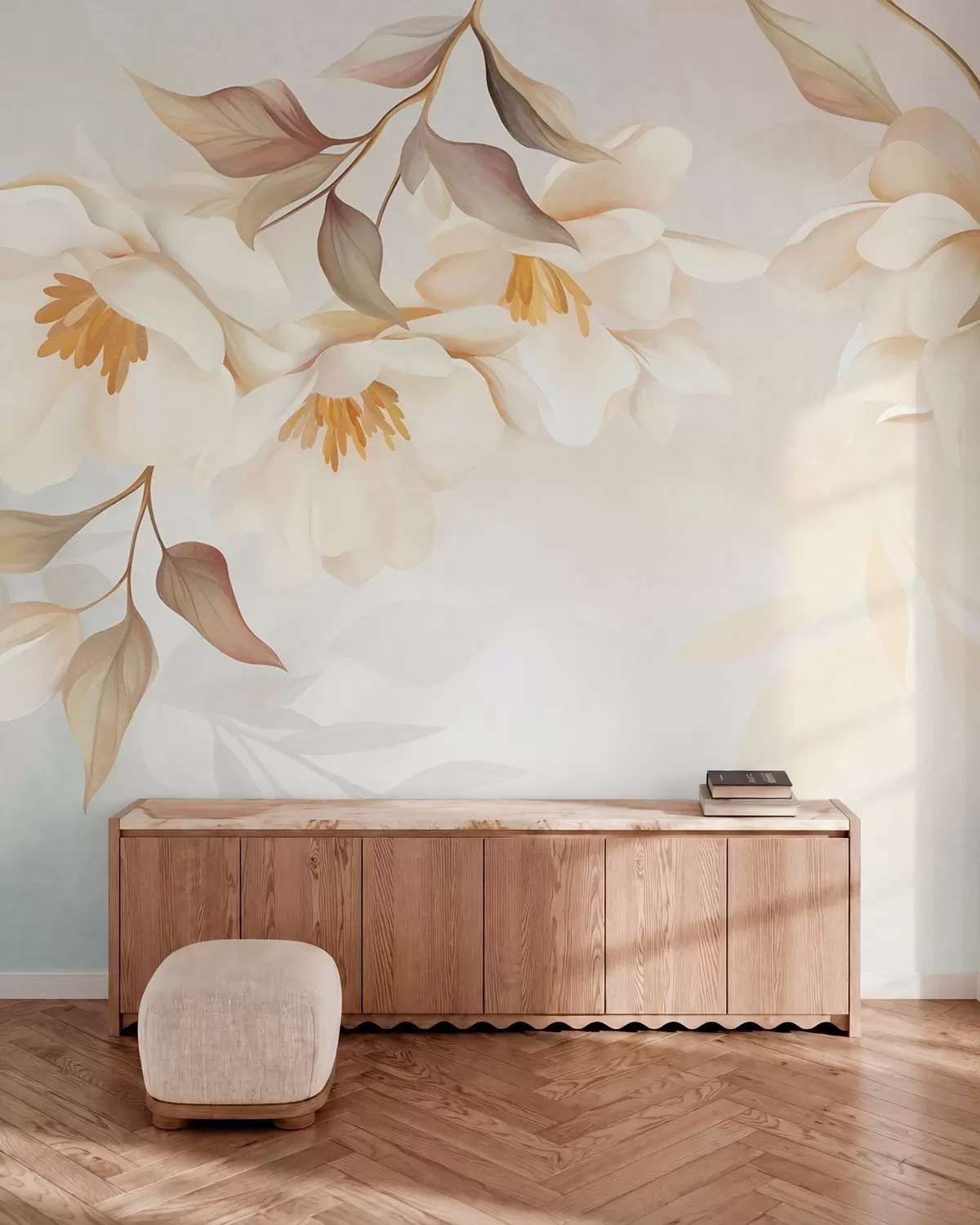 fototapet Flori de magnolie cu frunze delicate de culoare maro care atârnă de ramuri w10086