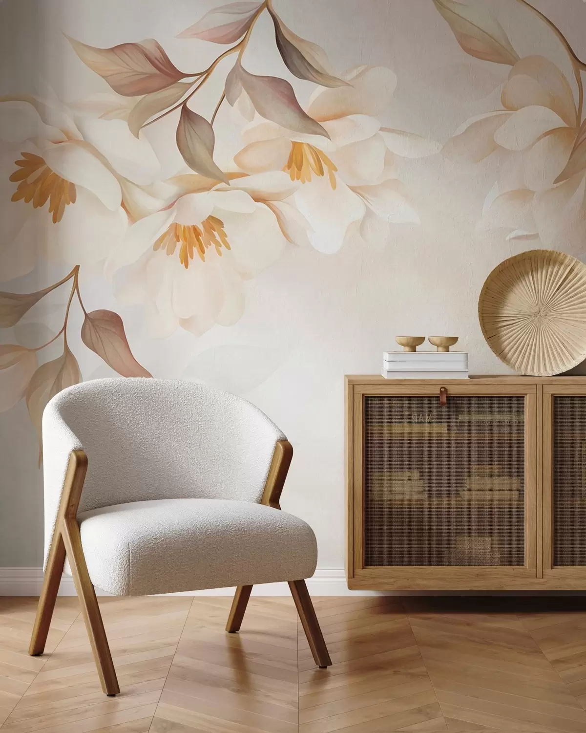fototapet Flori de magnolie cu frunze delicate de culoare maro care atârnă de ramuri w10086