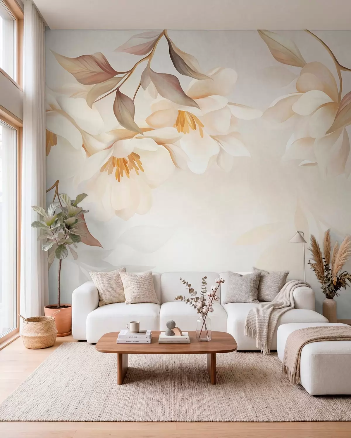 fototapet Flori de magnolie cu frunze delicate de culoare maro care atârnă de ramuri w10086