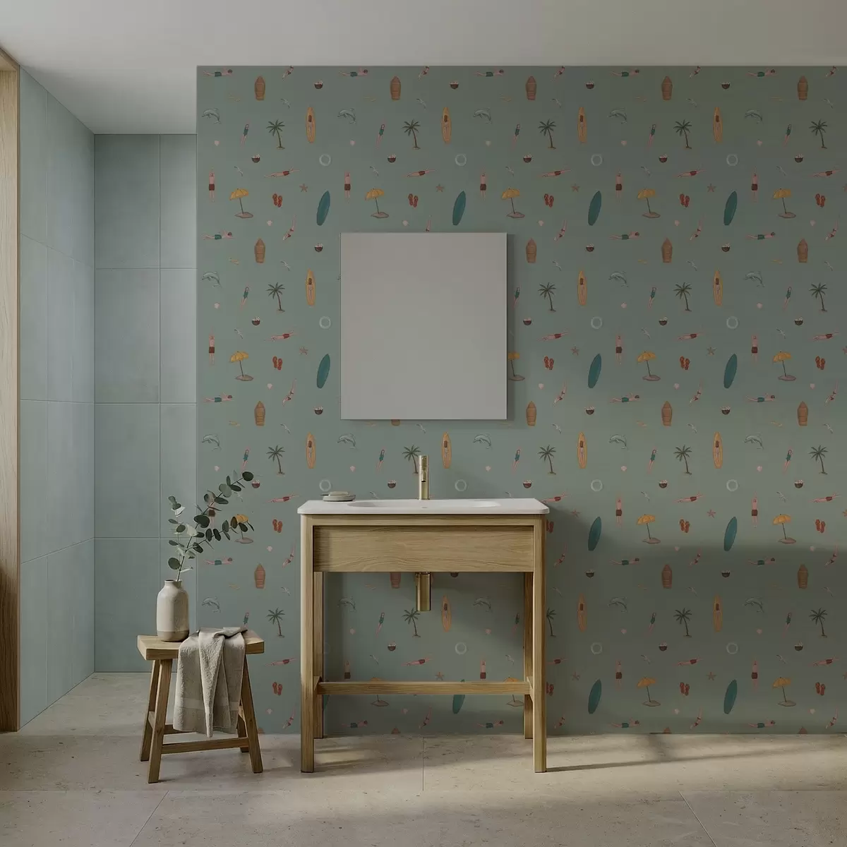 Wallpaper Accesorii pentru înotători, delfini și plajă pe un fundal verde a01275v2