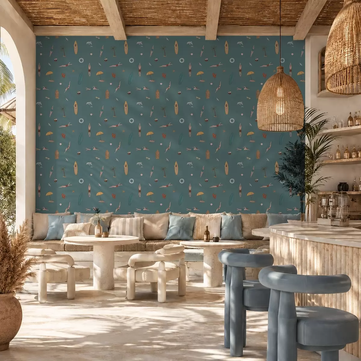 Wallpaper Motive cu înotători, delfini și elemente tropicale pe un fundal verde-albastru închis a01275v3