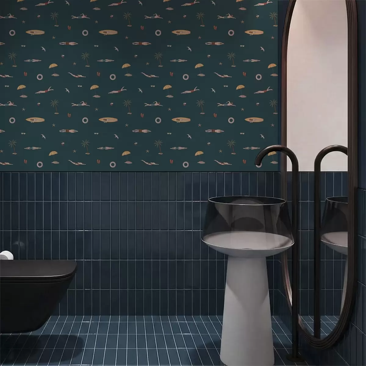 Wallpaper Înotători, palmieri și accesorii de plajă pe un fundal albastru închis a01276
