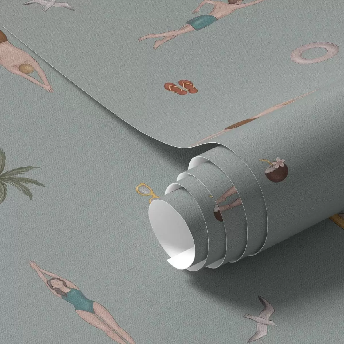 Wallpaper Înotători, palmieri și accesorii de plajă pe un fundal verde salvie a01276v1