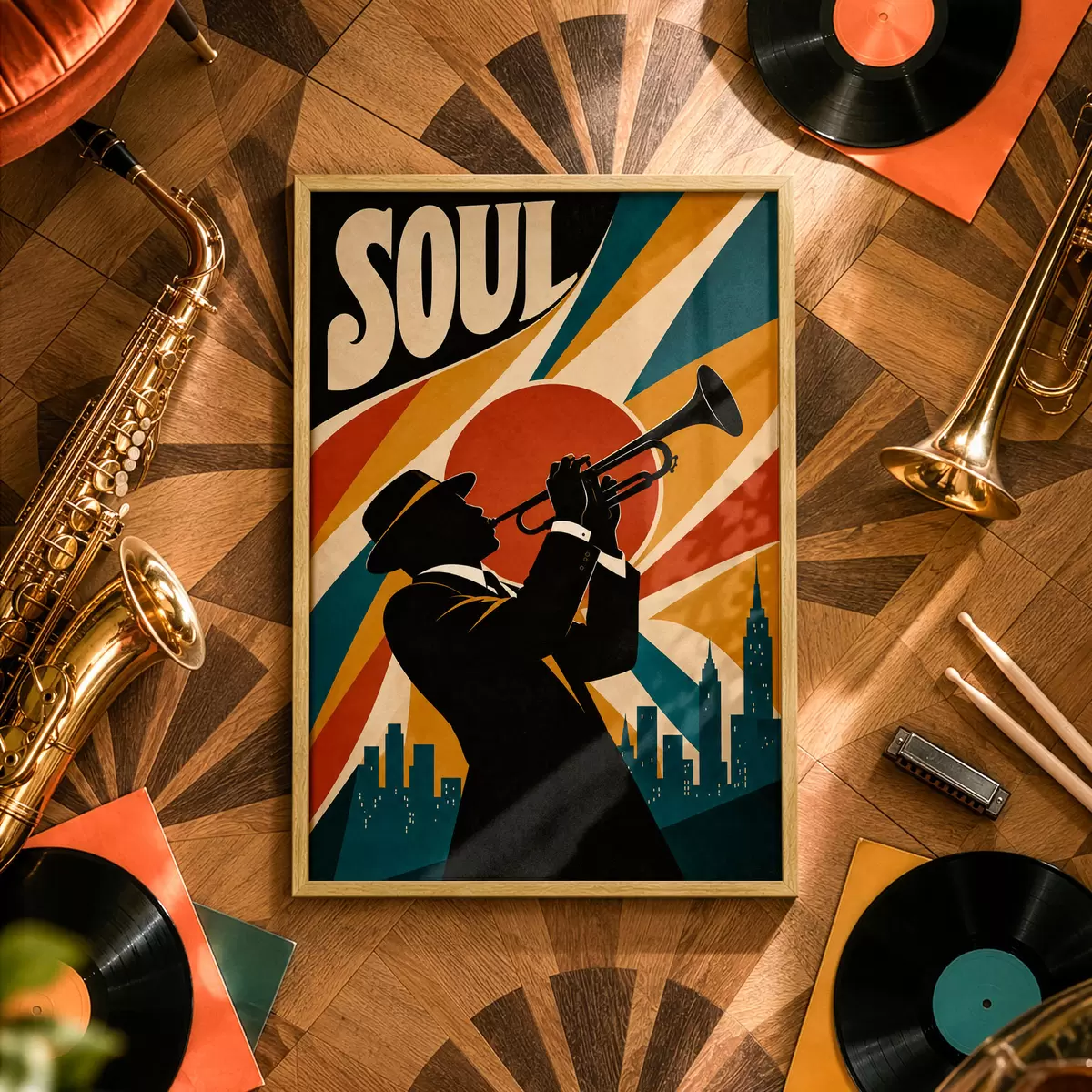 Poster Sunetele de jazz răsună printre zgârie-nori ai orașului f50925