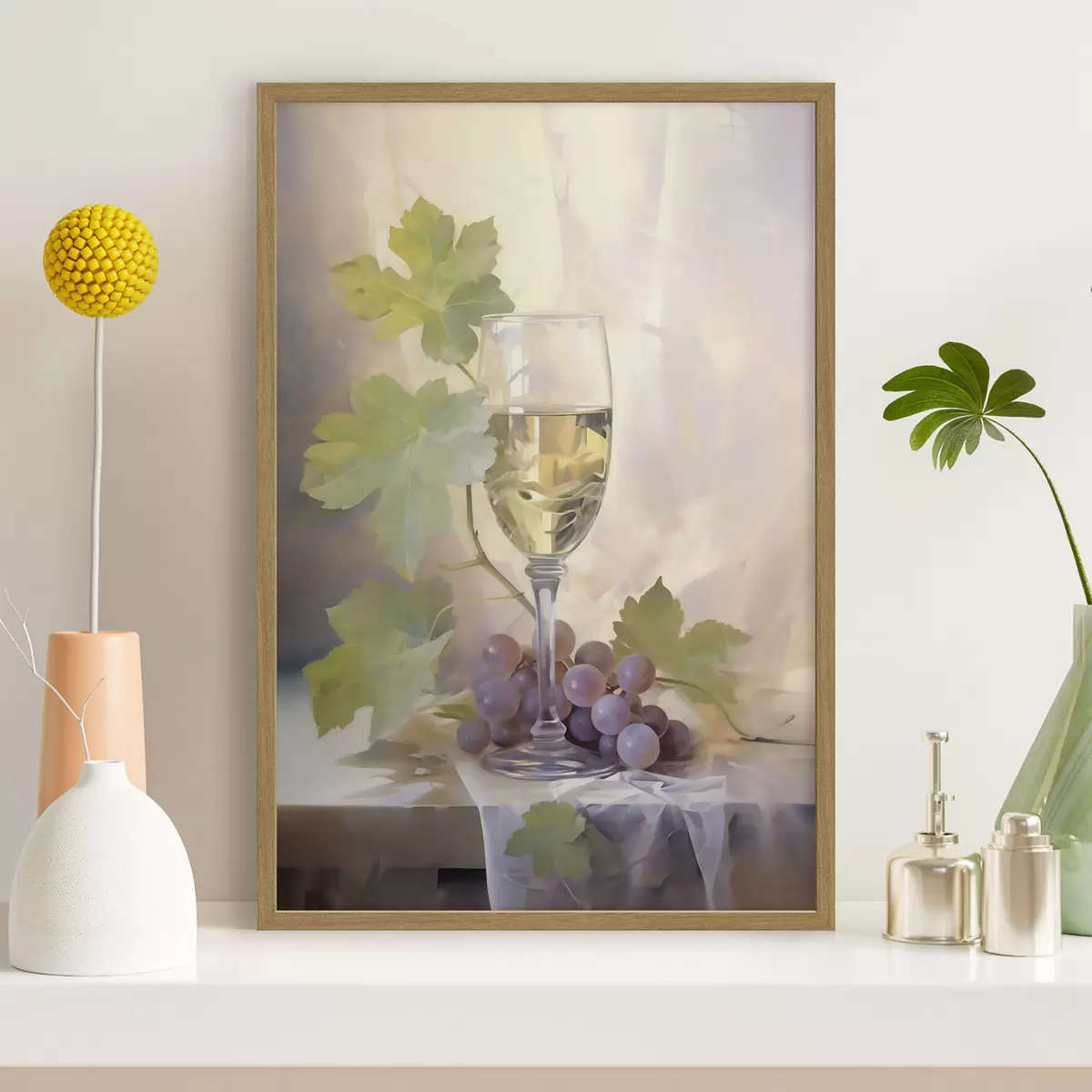 Poster Un pahar de vin și struguri, pictură în stil imitație f51123