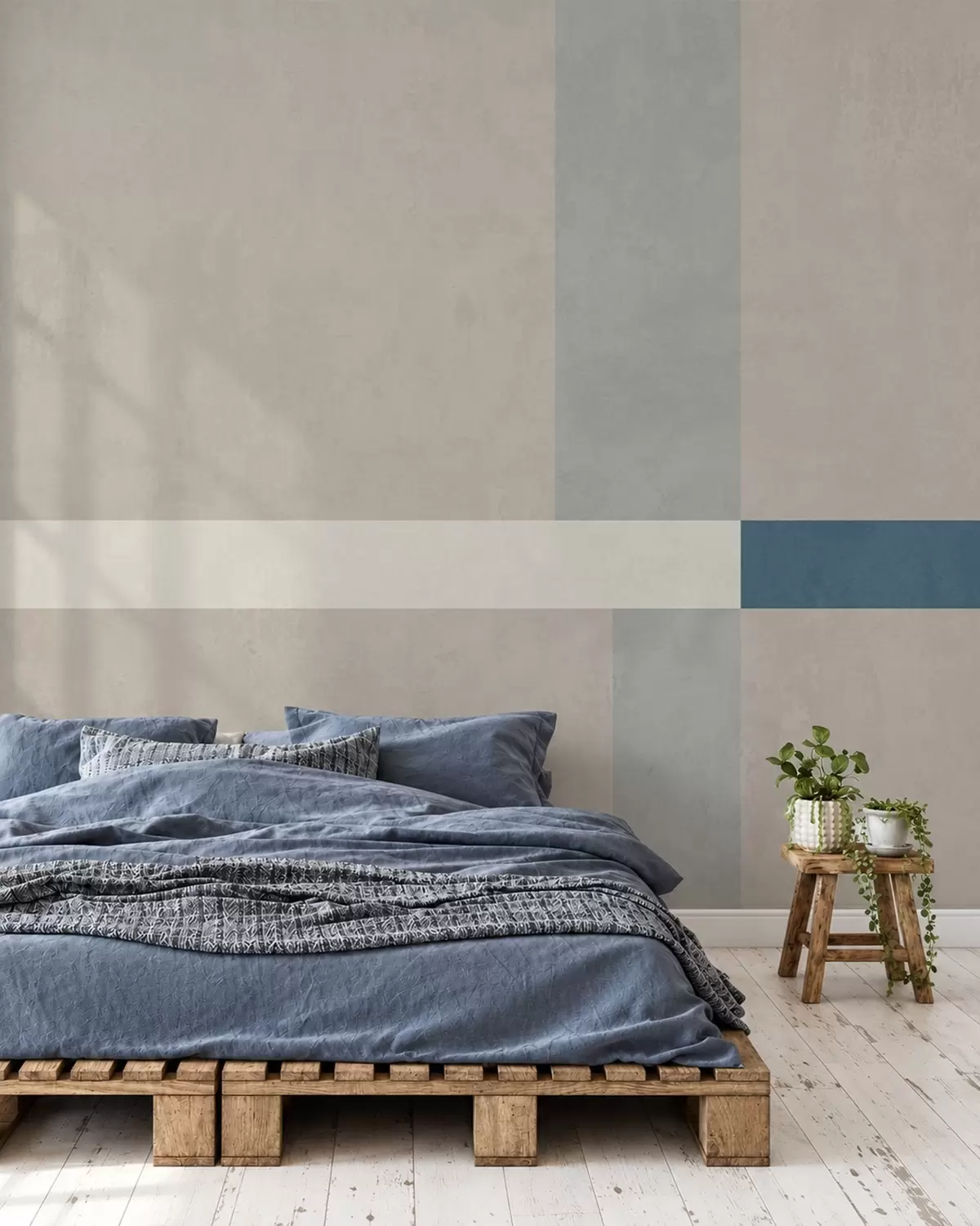 fototapet Rectangule abstracte în nuanțe de bej și gri, cu un accent albastru w05891v2