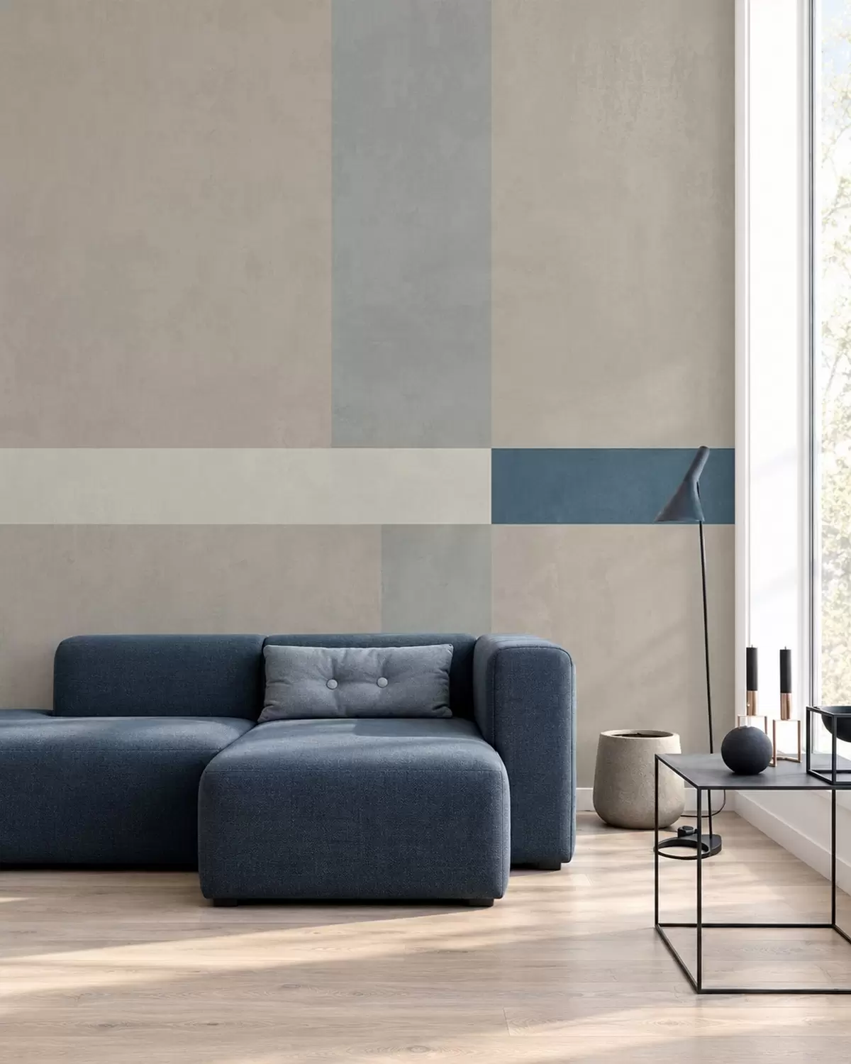 fototapet Rectangule abstracte în nuanțe de bej și gri, cu un accent albastru w05891v2