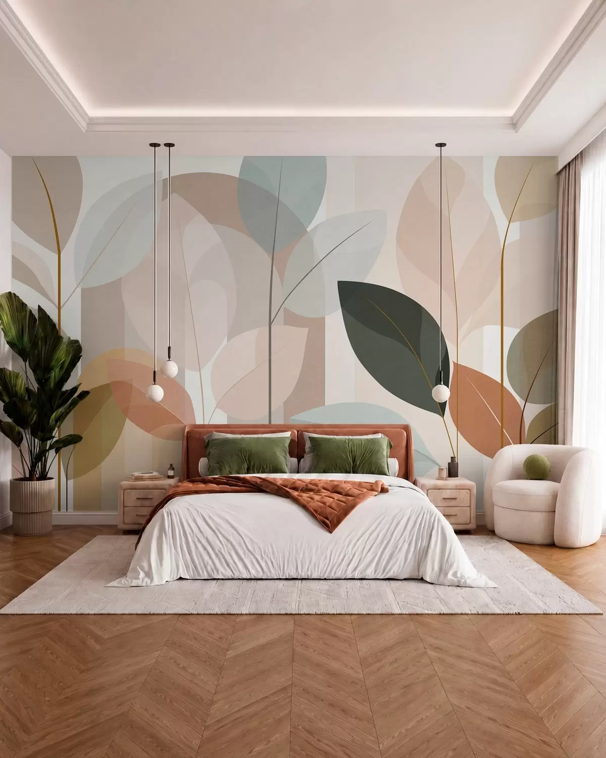 fototapet un model abstract cu frunze, realizat într-un stil de țesătură mată, în nuanțe de bej, teracotă și piersică w05986