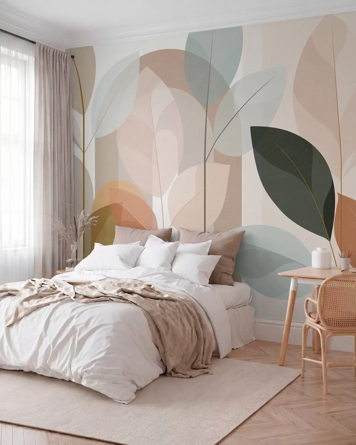 fototapet un model abstract cu frunze, realizat într-un stil de țesătură mată, în nuanțe de bej, teracotă și piersică w05986