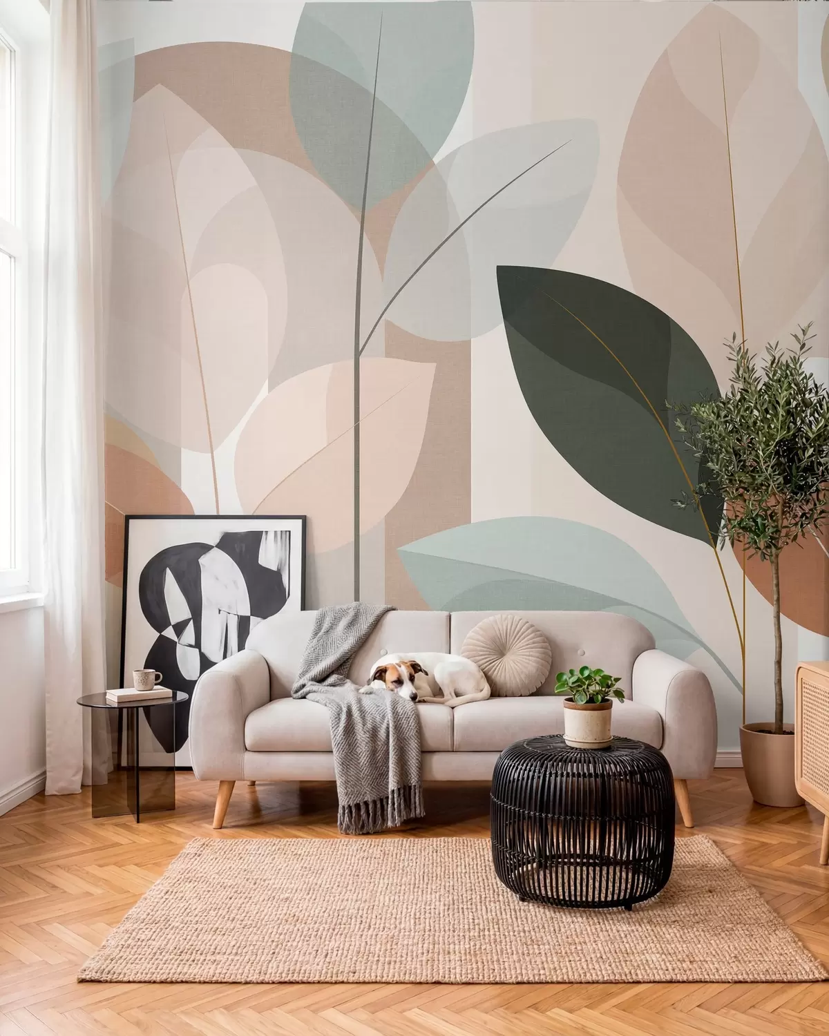 fototapet un model abstract cu frunze, realizat într-un stil de țesătură mată, în nuanțe de bej, teracotă și piersică w05986